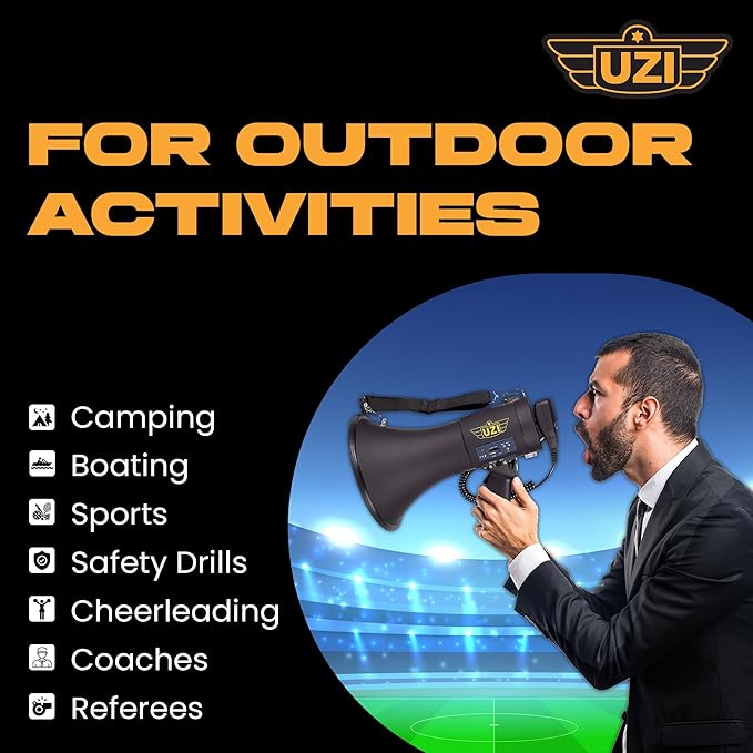 Uzi High Power Loud Big Bluetooth Megaphone 50W, Professional Bullhorn Megaphone Used by First Responders, Police & Agencies, Rechargeable Battery, PA System, Outdoor Activitie