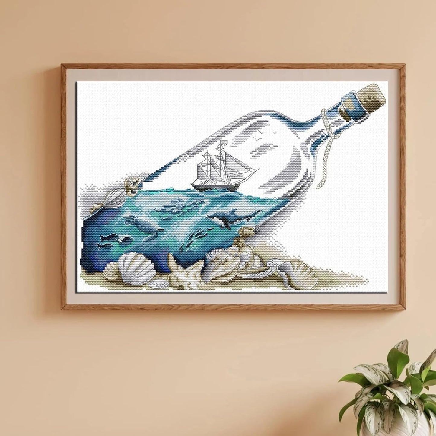 Maydiyer Cross Stitch Kits Stamped Full Range of Embroidery Starter Kits for Beginners DIY 11CT Embroidery Kit for Girls-Sea in a Bottle 16.5×11.8 inch