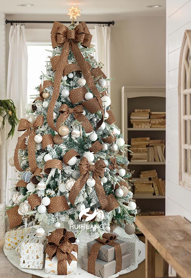 HUIHUANG Glitter Copper Wired Ribbon 2.5 inch Copper Diamond Mesh Wire Edge Ribbon for Christmas Tree, Thanksgiving Fall Decor, Wreaths, Garland, Gift Wrapping, Bows Making -10 Yards