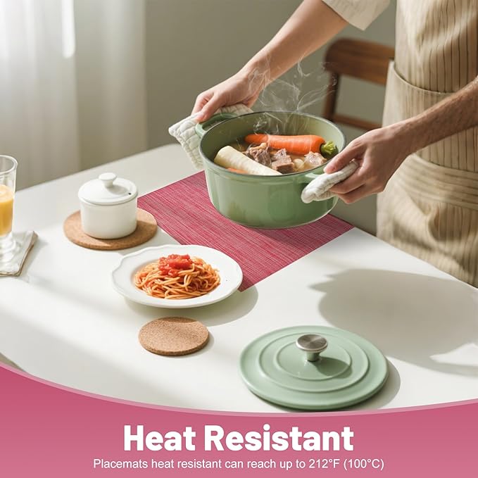 Placemats Set of 8，Christmas Decoration Non-Slip PVC Weave Table Mats Easy to Clean，Heat Resistant Place Mats for Kitchen Dining Table Decoration Indoor Outdoor，Red