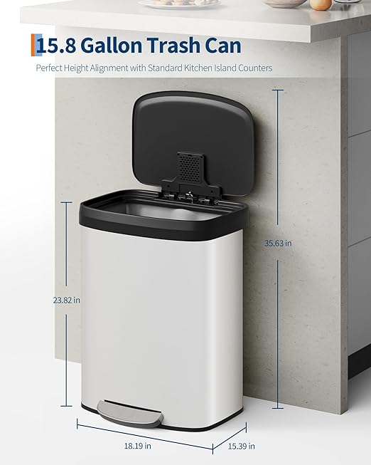 Garvee 16 gal / 60 L Metal Trash Can with Lid, Large Garbage Can for Kitchen, Rustproof Step-on Kitchen Metal Trash Bin with Liner Rim, Rear Handle, Soft Close Plastic Lid, White