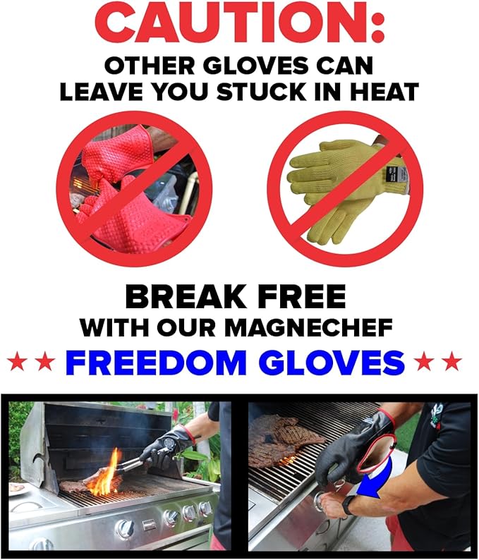 MagneCHEF Freedom BBQ Gloves 932°F Heat Rated Magnetic EZ On Off Safety Clips Waterproof for Grills Smokers Fryers Ovens (14")