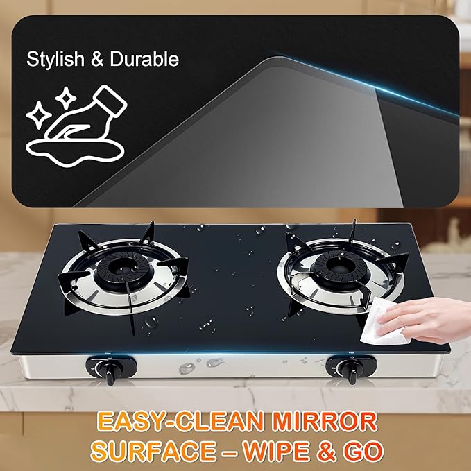 2 Burner Propane Gas Stove, Portable Tempered Glass Camping Stove Propane with Auto-Ignition, 20472 BTU Burners for Cooking, Outdoor, Camping, RV & Emergency Use