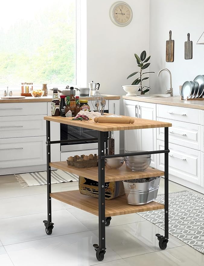 DEXSO 38x20x6.5in Bamboo Pizza Oven Table - 3-Shelf Outdoor Grill Cart with 4 Wheels, Wood Color Food Prep & BBQ Dining Table