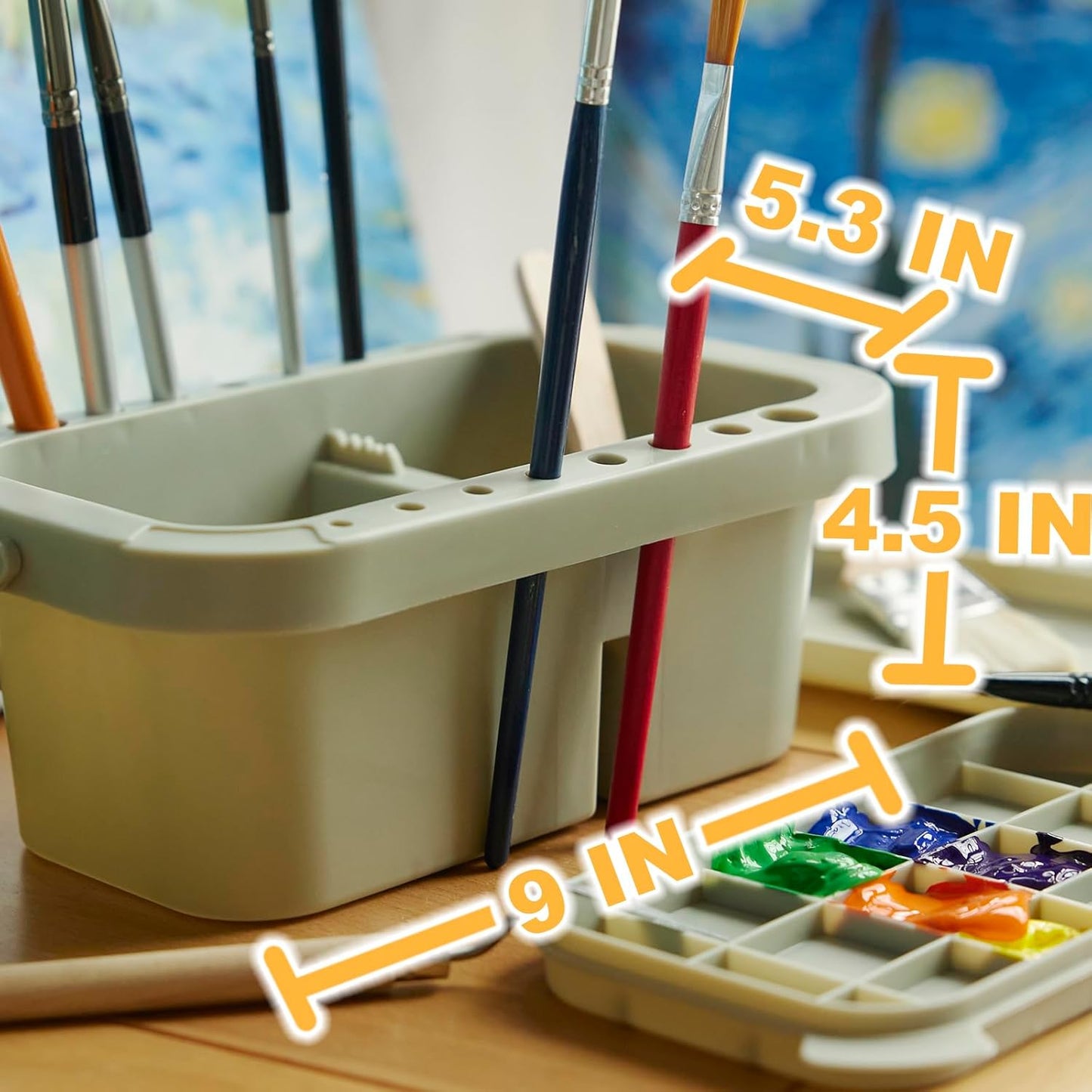 SEVENY Paint Brush Basin with Palette,Painting Art Supply Storage Organizer for Acrylic, Watercolor, and Water-Based Paints(Grey)