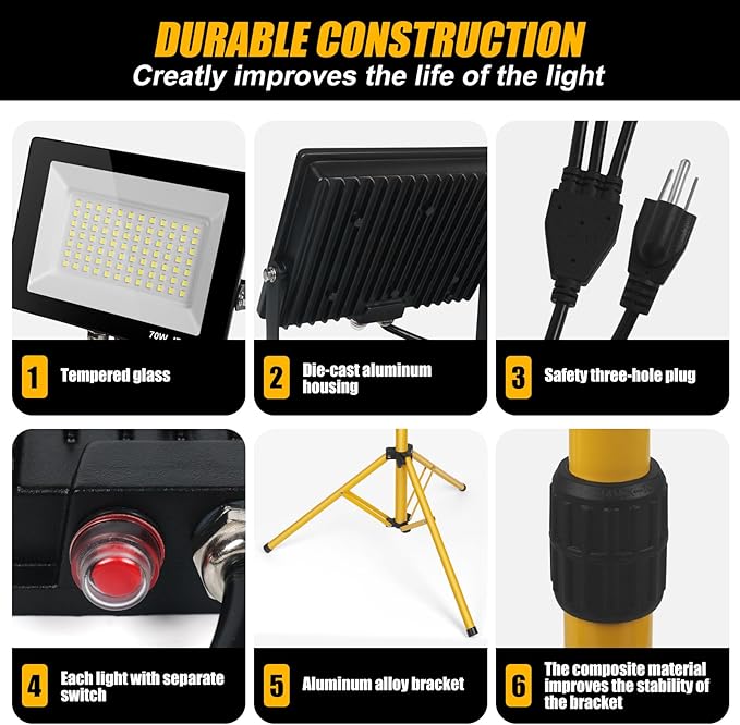 21000Lumen LED Work Lights with Stand - 3 Head Portable Work Light on Stand - IP66 Waterproof Tripod Worklights for Outdoor Indoor Job Site Workshop Garage Construction Site Lighting