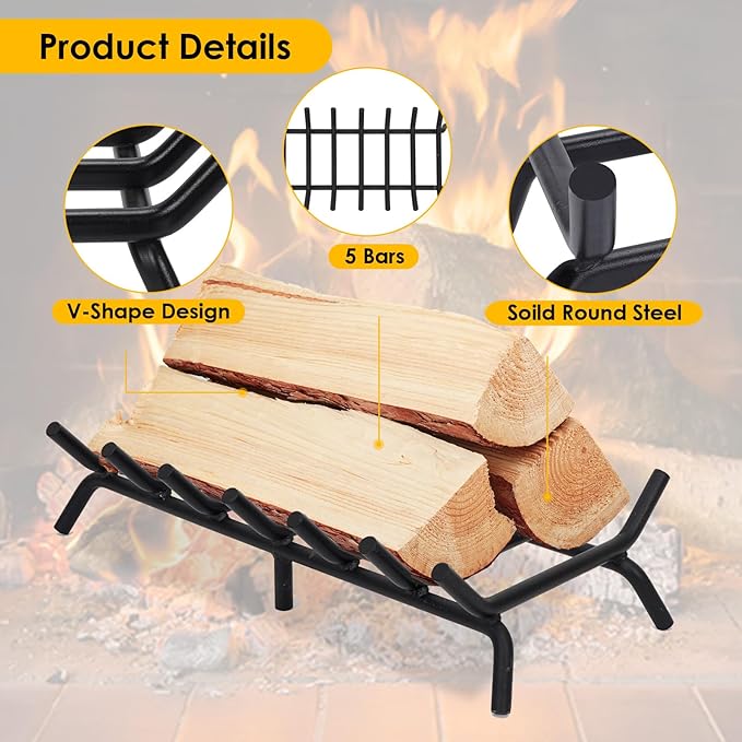 STBoo Fireplace Grate 24inch Heavy Duty - Fireplace Log Holder | Fire Place Grate Cast Iron | Wood Stove Wrought Rack | Firewood Log Fire Pit Tray for Indoor & Outdoor Kindling Tool Camping Cooking