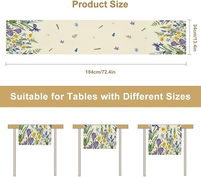 Wildflowers Table Runner,Spring Purple Floral Summer Seasons Daisy Flower Print Kitchen Dining Table Decoration for Home Farmhouse Party 13x90in