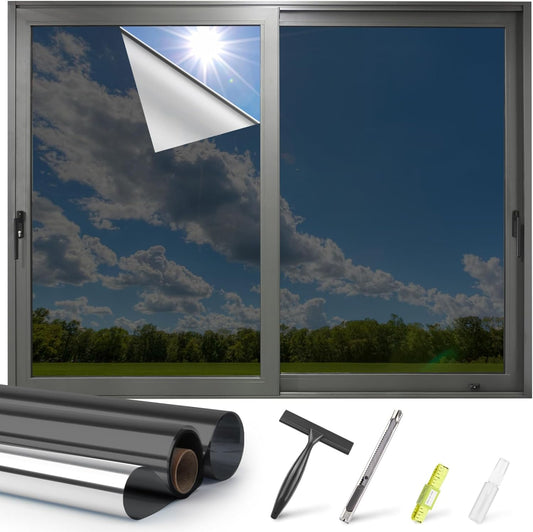 Kromapolis One Way Window Privacy Film Reflective Mirror Home Window Tint, Daytime Privacy Heat Control Anti UV Glass Tinting Static Cling (Black-Silver, 29.5 x 78.7 inch)