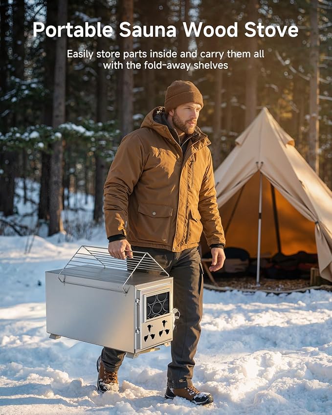 Sauna Hot Tent Stove, Camping Wood Burning Stove with 8 Stainless Chimney Pipes, Portable Folding Wood Stove for Tent, Outdoor Heating, Cooking, Ice Fishing, Hunting