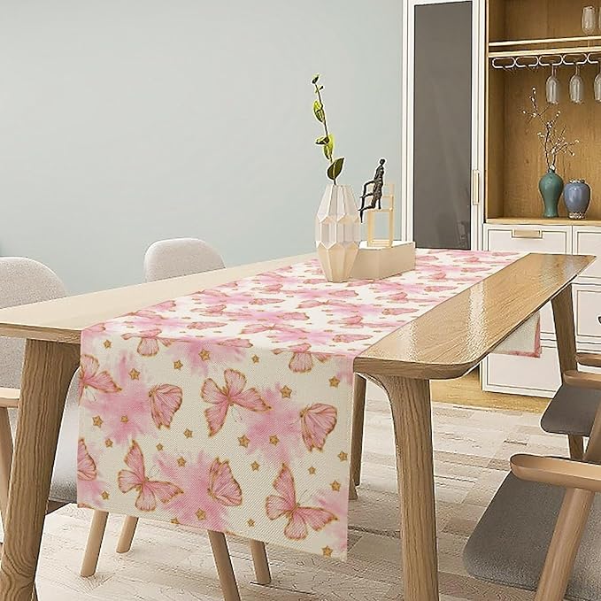 Watercolor Butterfly Table Runner, Cute Pink Butterfly Spring Modern Aesthetics Print Table Runner for Holiday Kitchen Dining Outdoor Home Party 13x60in