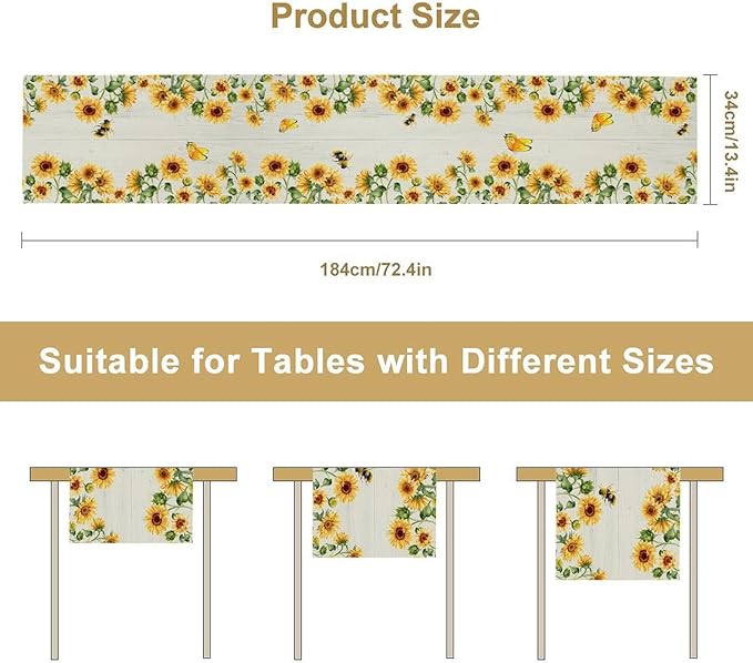Sunflower Table Runner, Yellow Floral Flower Butterfly Country Rustic Table Runner for Outdoor Home Party Kitchen Dining Holiday 13x36in