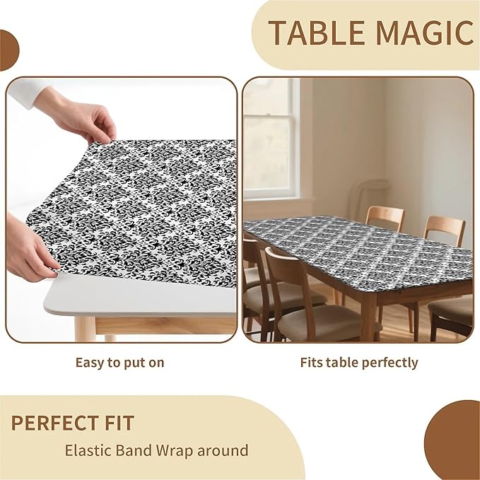 Rectangle Table Cloth Cover Waterproof Elastic Fitted Polyester Fitted Tablecloths for 8 Foot Tables for Indoor,Picnic, Camping, Outdoor （96" x 30"，Flower Geometry）