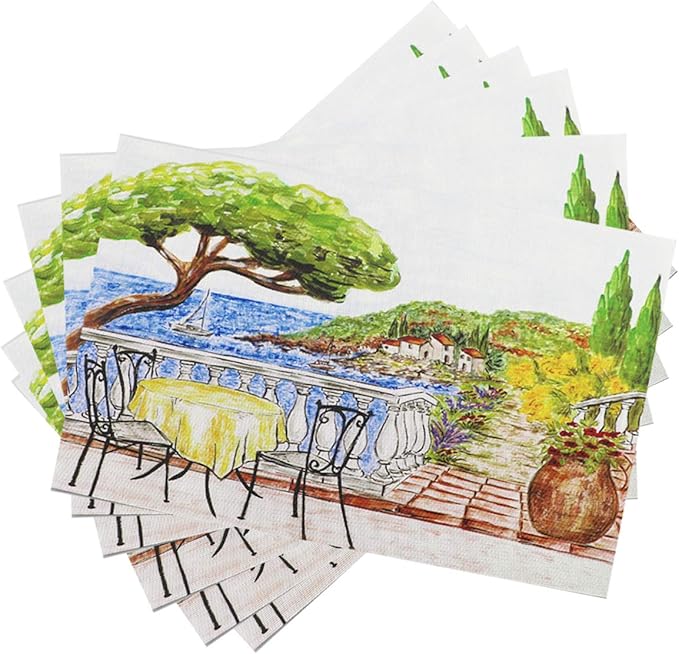 Gugrida Placemats Set of 6 Plaid Checkered Colorful Landscape PVC Placemat for Dining Table Durable Woven Vinyl Stain tablemats 18"X12"