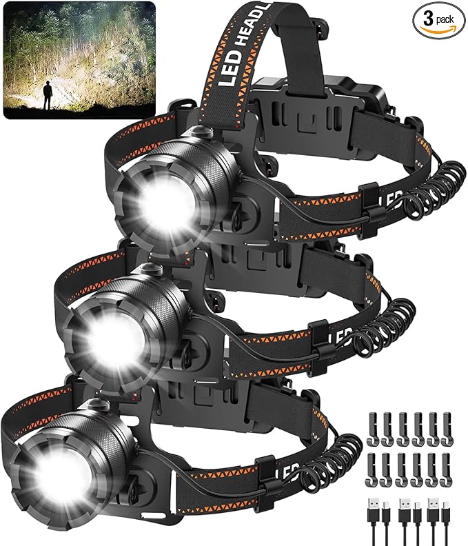 KYEKIO 3Pack Rechargeable Headlamps for Adults, 9900L Super Bright Head Lamps LED Rechargeable, 4Mode Head Lights for Forehead Hard Hat, Adjustable Focus 90°Headlight, Waterproof LED Headlamp Camping