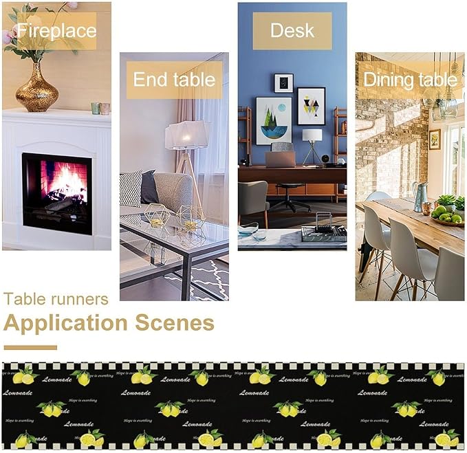 Lemon Table Runner,White Black Buffalo Plaid Watercolor Summer Fruit Print Table Runner for Kitchen Dining Table Indoor Outdoor Home Party Decor 13x70in