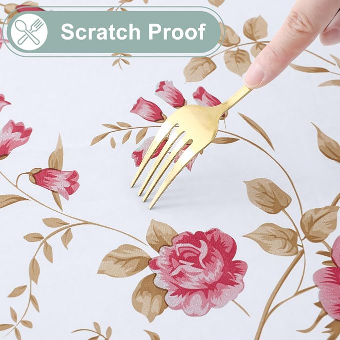 misaya Rectangle Waterproof Vinyl Table Cloth, Plastic Tablecloth with Flannel Backing, Wipeable Table Cover for Dinner, Picnic, Indoor and Outdoor (Pink Flowers, 52" x 70")