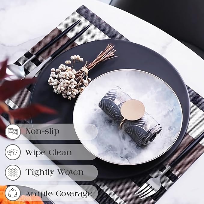 Set of 6 Colorful Striped Vinyl Placemats Heat-Resistant Washable Placemats Non-Slip Woven Table Mats Wipeable Placemat for Kitchen Dining Table Decoration Indoor Outdoor (Black&Grey)
