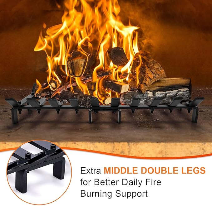 24" Fireplace Grate Wood Stove Grate Rack Fireplace Tools Rack Heavy Duty Solid Steel 10-Bars Log in Holder Easy Assembly Fire Grate for Indoor Hearth Outdoor Firepit Matt Black