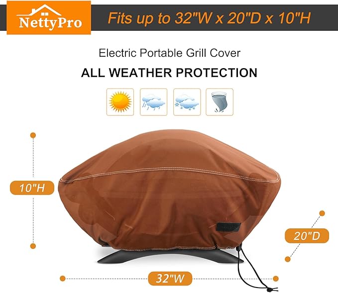 NettyPro Grill Cover for Small Q Series Grills, Waterproof Heavy Duty Portable Grill Cover for Q 2400 Series and Baby Q Gas Grill, Brown