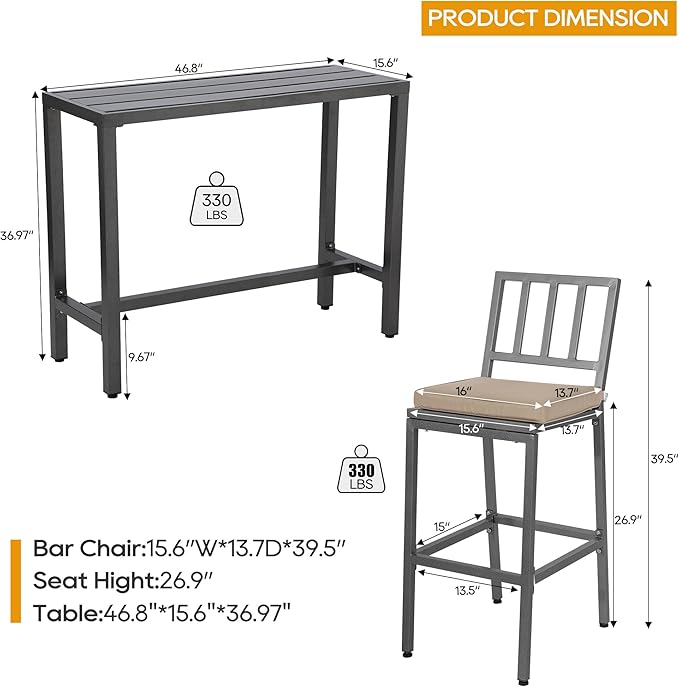 Outdoor Patio Bar Set, Bar Height Patio Dining Set, Weather-Resistant Bistro Counter Pub Set with Cushions & Slatted Tabletop for Backyard (Gray, 47" Table, 2 "I Style Stool)