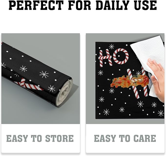 Giwawa Christmas Placemats Set of 4, Santa Claus Laugh Winter Snowflake Black Table Mat 12x18 Inch, Xmas Sweet Candy Cane Stick Heat Resistant Washable Place Mats for Dining Kitchen Holiday Decor