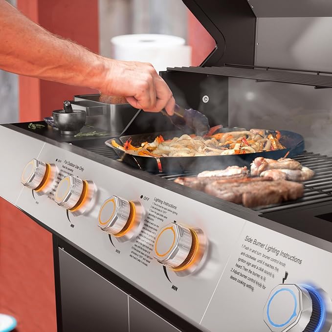 4 Led Burner Propane Gas Grill with Side Burner & & Visual Glass, Stainless Steel Gas Grill with Enameled Cast Iron Grates, 60,000 BTUs Output for Outdoor Cooking and Patio Backyard Barbecue