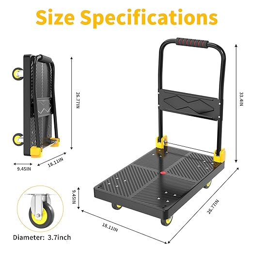 Push Cart Dolly - Foldable Heavy - Duty Flatbed Platform Cart with 360 - Degree Rotating Wheels for Moving in Food Truck and Trailer, Load Capacity 330 lbs, Black Yellow