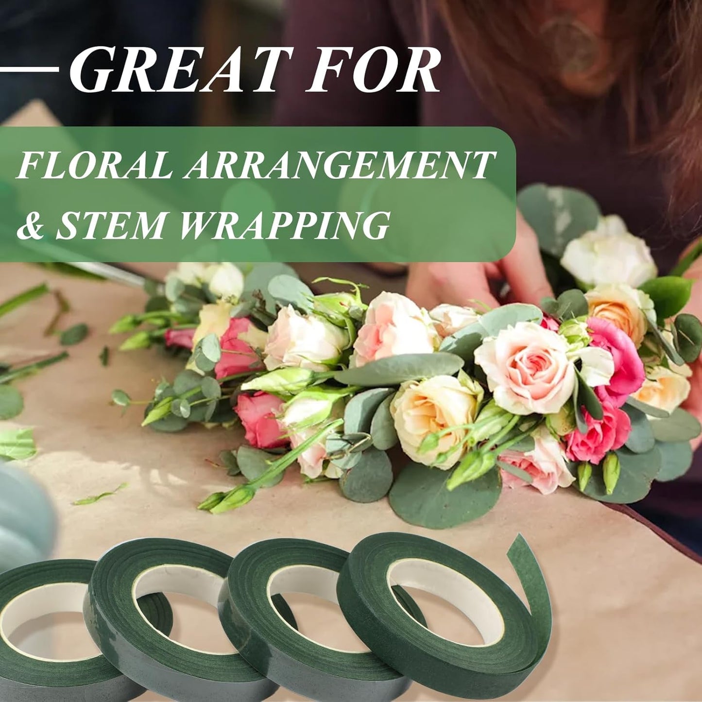 Phinus 9 Rolls Floral Tape, 1/2 Inch x 30 Yard Flower Tape, Green Floral Tape for Floral Crafts Supply, Bouquet Stem Wrapping, Wedding Bouquet (Dark Green)