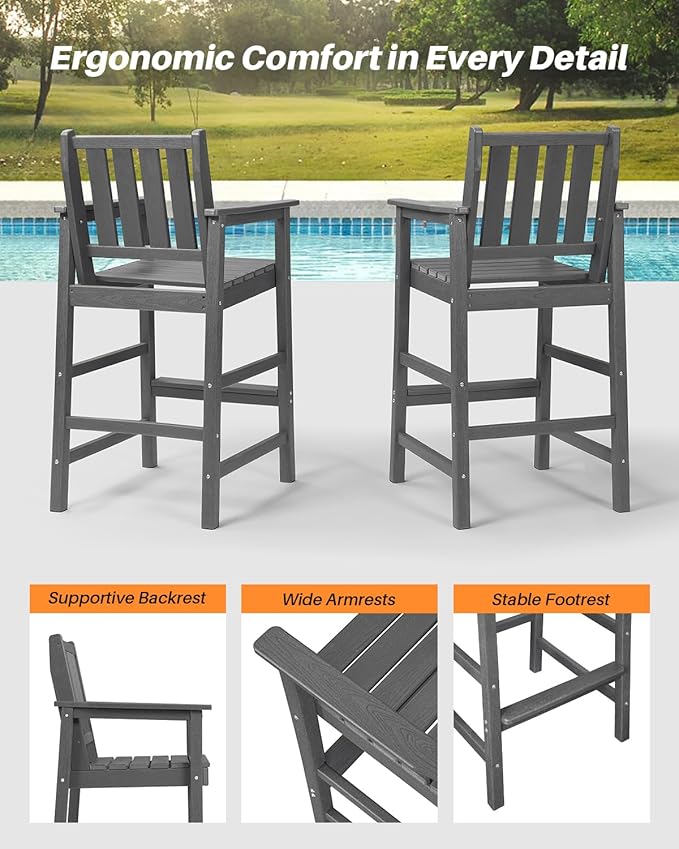 Adirondack Bar Chair Set of 2, HDPE Tall Adirondack Chairs Bar Stools with Footrest, Outdoor Bar Height Stool Chair Set, HDPE Patio Barstools Set for Balcony, Porch, Deck, Pool, Smoke Gray