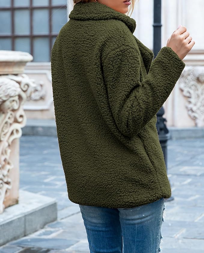 Women's Winter Warm Plush Cardigan Fuzzy Fleece Lapel Jacket with Buttons Pockets Long Sleeve Casual Outerwear