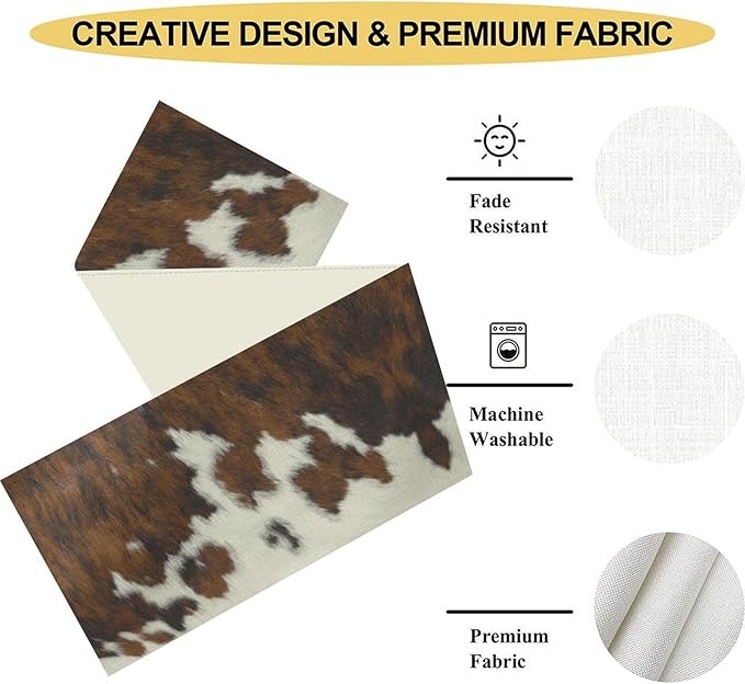 Cow Print Table Runner, Brown Cowhide Print Western Style Table Runner Country Farmhouse Cottage Cow Pattern Linen Table Decoration for Home Kitchen Dining 13x90