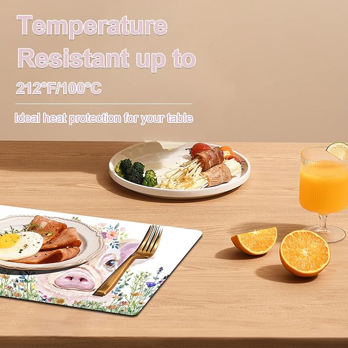 Flower Pig Placemats Set of 4 - Faux Leather Heat Resistant Placemats for Dinner Table, Non-Slip Waterproof Oil-Proof Washable Reusable Placemat for Indoor Outdoor Kitchen Decor, 15.75In*11.81In
