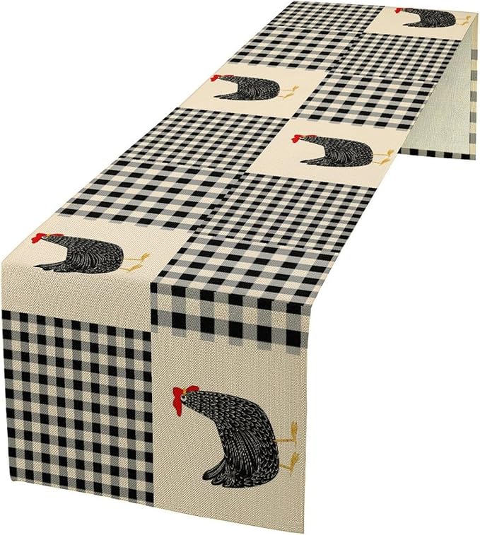 Farm Animal Table Runner, Chicken Hen Black White Buffalo Plaid Check Farmhouse Chick Table Runner for Home Kitchen Holiday Dining Party 13x70in
