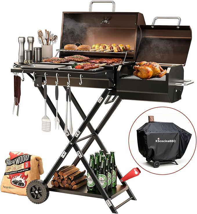 Portable Charcoal Grill with Smoking Function, Foldable Suitcase Design with Wheels, Multi-Tier Storage Rack & Waterproof Cover for Outdoor BBQ Parties (Khaki)