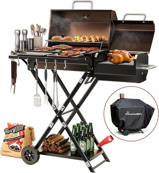 Portable Charcoal Grill with Smoking Function, Foldable Suitcase Design with Wheels, Multi-Tier Storage Rack & Waterproof Cover for Outdoor BBQ Parties (Khaki)