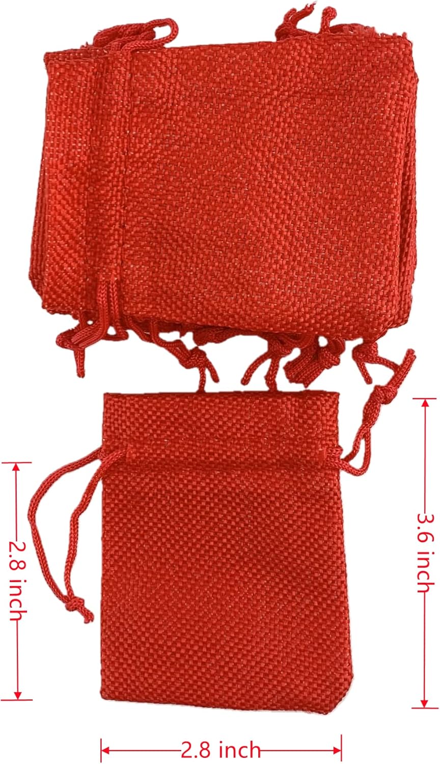 Palmhomee Pack of 25 Burlap Gift Bags with Drawstring Linen Jewelry Pouches Wedding Hessian Jute Bags for Birthday and Treat Pouches Party Wedding Favors Gift (2.8x3.6 Inch, Red)