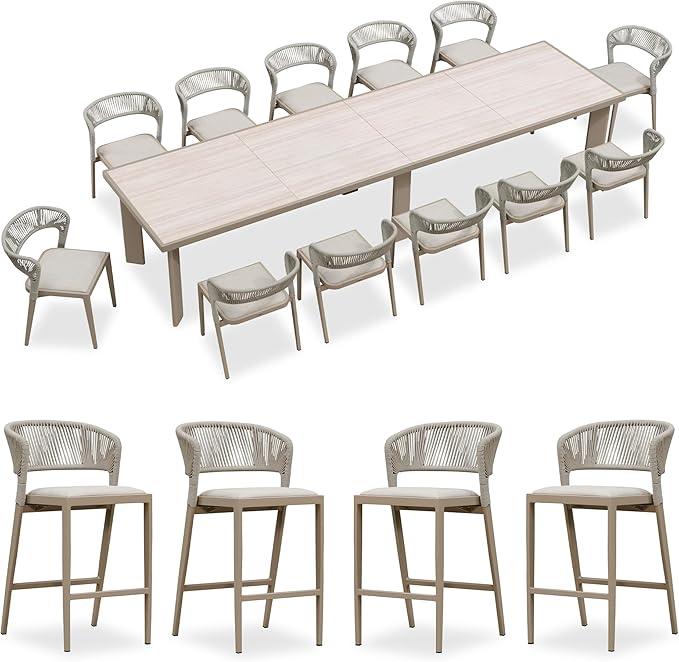 PURPLE LEAF 13 Pieces Outdoor Dining Set Patio Table and Chairs Set Aluminum Rattan Wicker Patio Furniture Set for Lawn Porch Deck Champagne with Counter Stools
