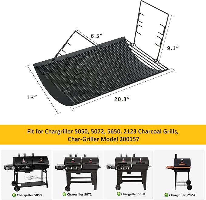20inch Charcoal Ash Pan Replacement Parts for Char Griller 5050 5072 5650 2123 2223 2823 Grill Tray Chargriller 200157 BBQ Accessories with 2 Fire Grate Hangers