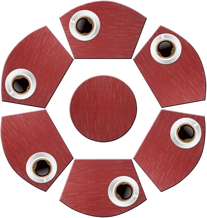 PIGCHCY Wedge Shaped Placemats Set of 6 with Centerpiece Round Mats Washable Kitchen Placemats Heat-Resistant Table Mats (Burgundy Red)
