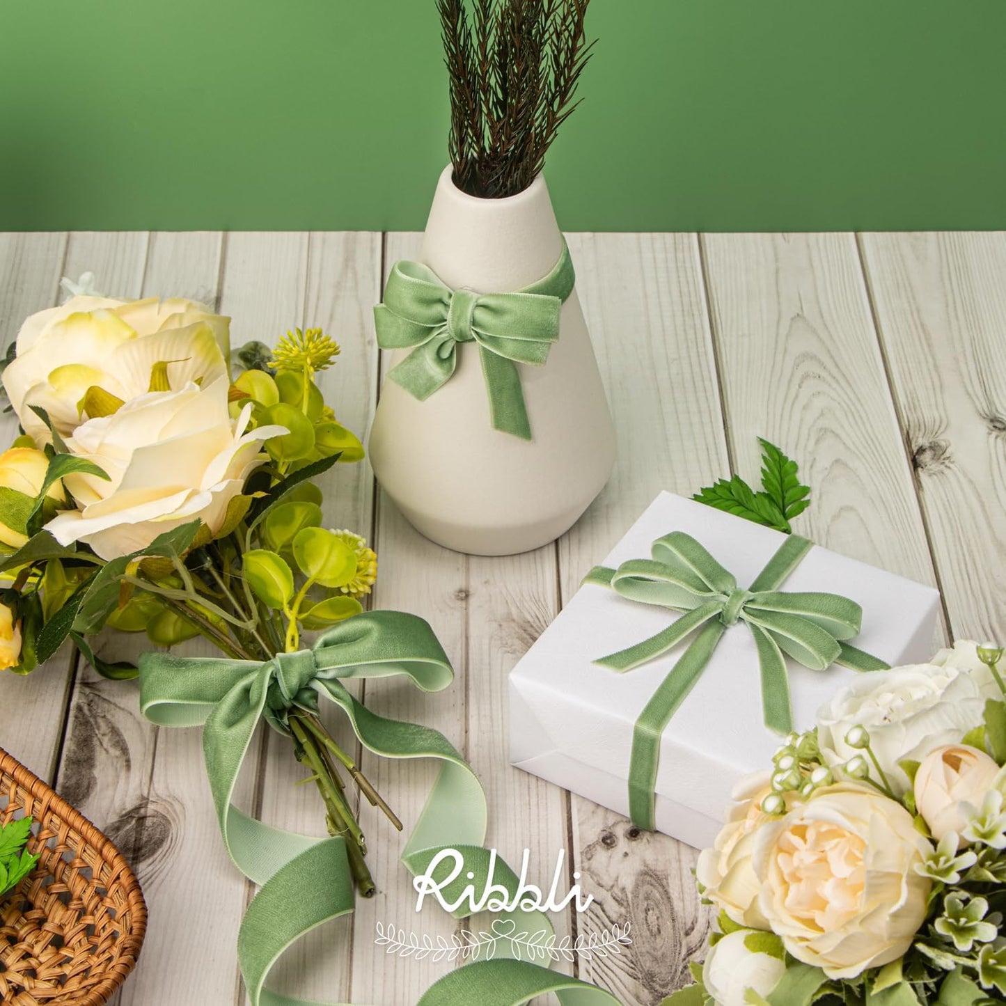 Ribbli Sage Green Velvet Ribbon 1 Inches Continuous10 Yard Spool Spring Moss Christmas Ribbon for Gift Wrapping Crafts Home Decor