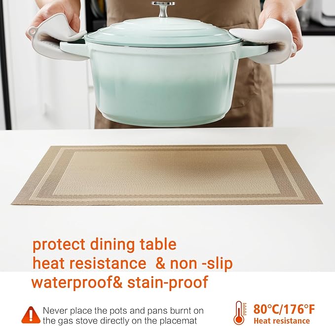 Placemats Set of 12,Washable,Heat and Stain Resistant Indoor/Outdoor Place mats,Vinyl Woven Non Slip Table Mats for Restaurant Table Protection,PVC Placemats(Beige,12PCS)