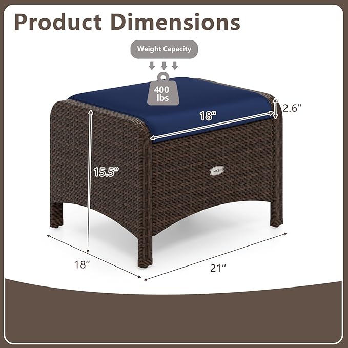 Tangkula 2 Pieces Outdoor Patio PE Wicker Ottomans with Removable Cushions, Outdoor Furniture for Additional Seating, Footrest and Side Table, Outdoor Footstools for Porch, Garden and Backyard