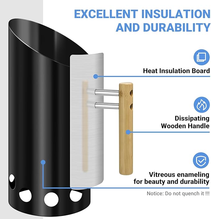 Charcoal Chimney Starter with Insulation Gloves and Briquet Shovel Set,Double Enameled Chimney Starter Double The Service Life with Heat Shield & Wood Handle Heat Insulation and Easy Grip