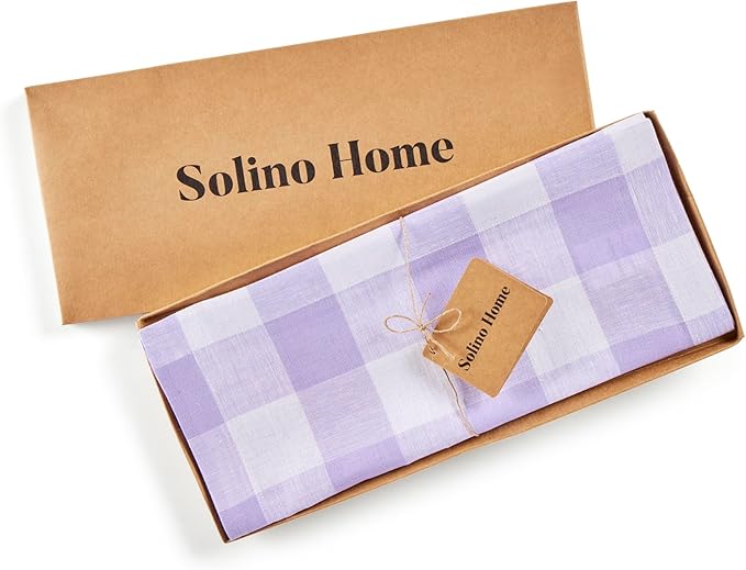 Solino Home Linen Checkered Table Runner 144 Inches Long - 100% Pure Linen Buffalo Check Misty Lavender Table Runner 14 x 144 Inch Ideal for Dining, Valentines, Spring, Easter