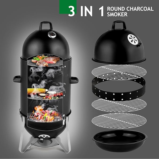 4-Tier 3-in-1 Vertical Charcoal Grill, BBQ Charcoal Smoker with Built-in Thermometer, Air Vent, and Access Doors, Perfect for Camping, Picnics, Backyard BBQs, and Tailgating Parties