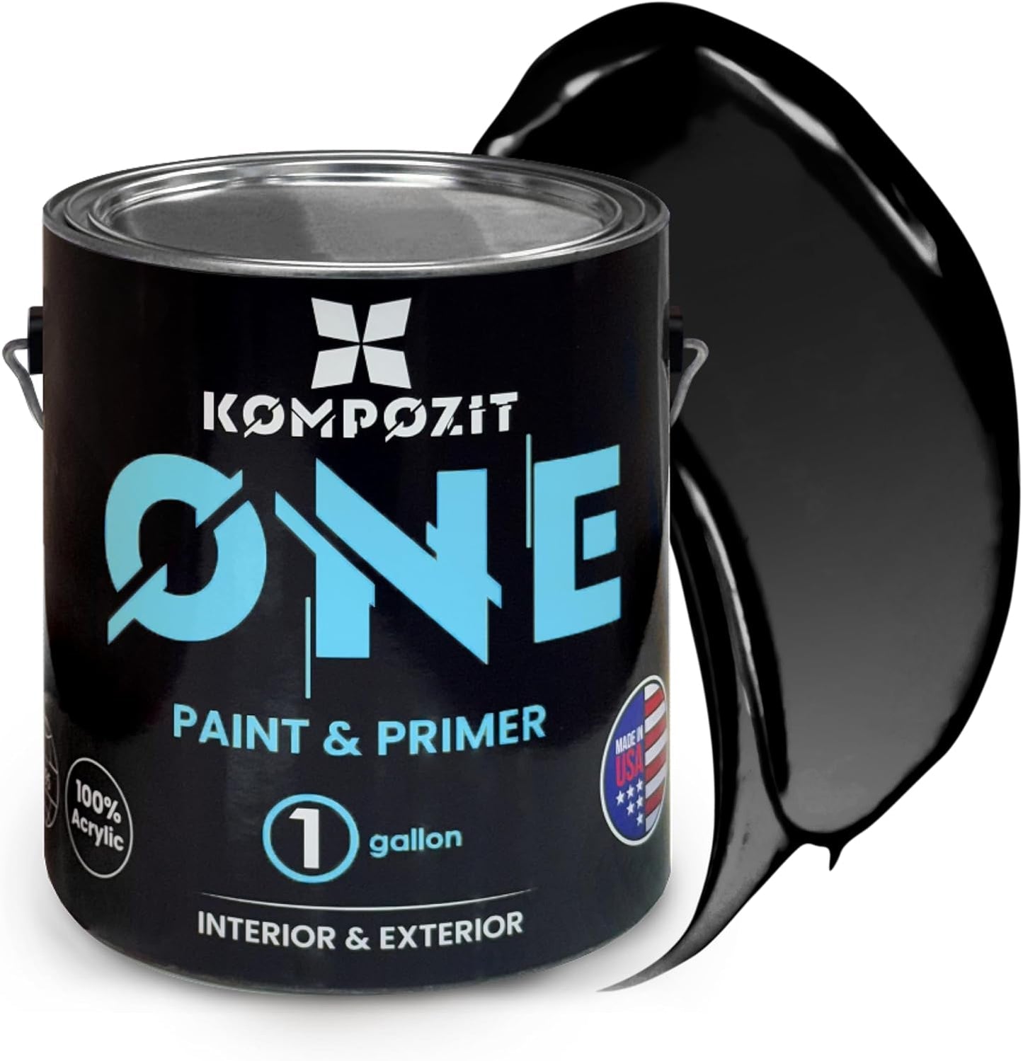 Kompozit ONE Ultra Cover Interior/Exterior/Chalkboard Black 100% Acrylic Paint & Primer 1 Gallon, Flat. High Durability and Scratch-Resistant Paint. Made in USA. Low VOC.