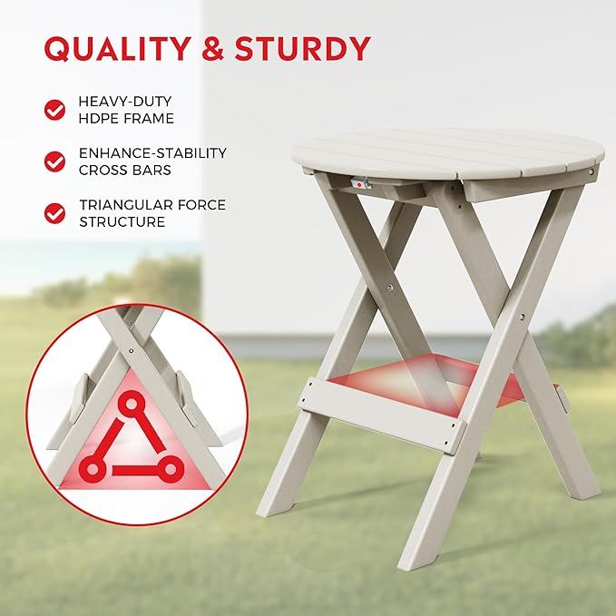 Costaelm Paradise HDPE Outdoor 24.5 Inch Round Portable Folding Patio Dining Table, Sand