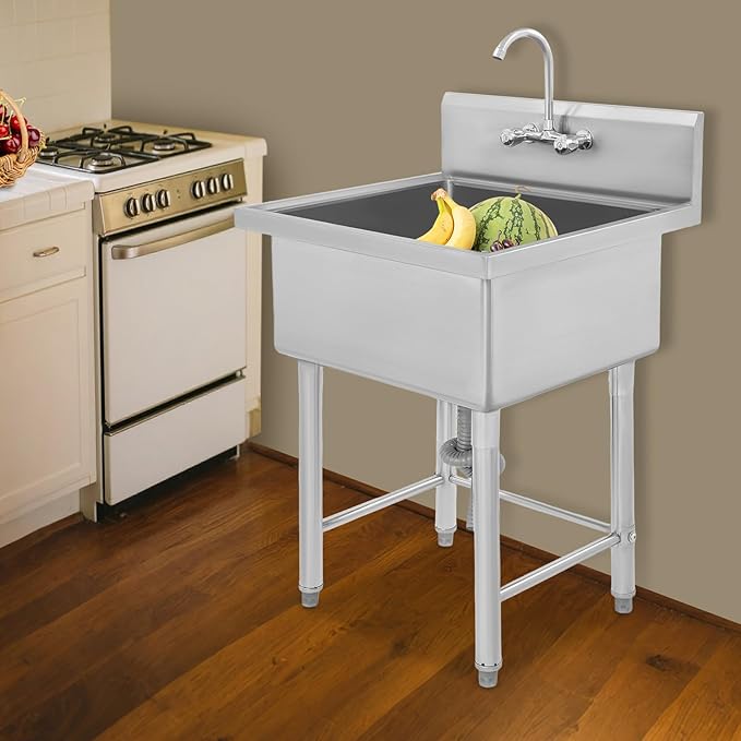 Commercial Sink with Cold & Hot Faucet, Freestanding Single Bowl Kitchen Utility Sink Stainless Steel Outdoor for Home Hotel Garage Garden Bar Restaurant (24X24X41in)