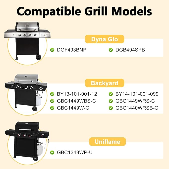 Grill Replacement Parts for Dyna Glo DGF493BNP, DGB494SPB, Backyard BY13-101-001-12, Uniflame GBC1343WP-U, Heat Plates Tents and Cast Iron Grill Grates Replacement for Dyna-Glo 4 Burner